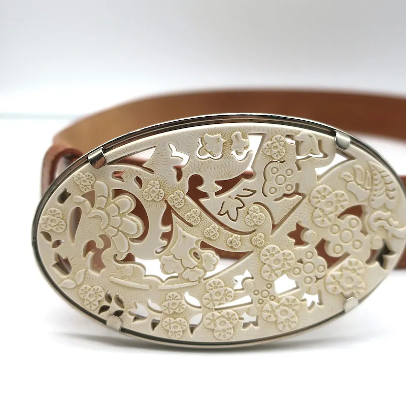 Etro Carved Buckle Belt Tan Leather Size 90