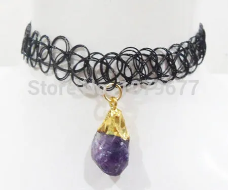 Fashion Grunge Tattoo Choker Black Plastic Wire Natural Amethyest Semi Precious Chips Stone Pendant Necklace