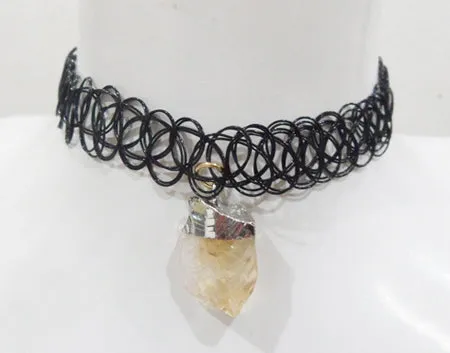 Fashion Grunge Tattoo Choker Black Plastic Wire Natural Amethyest Semi Precious Chips Stone Pendant Necklace