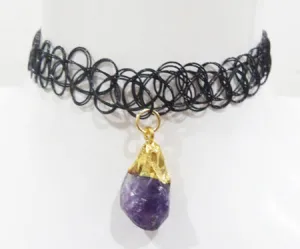 Fashion Grunge Tattoo Choker Black Plastic Wire Natural Amethyest Semi Precious Chips Stone Pendant Necklace