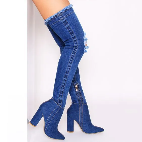 Fashion Woman Chunky High Heels Blue Denim Cloth Boots