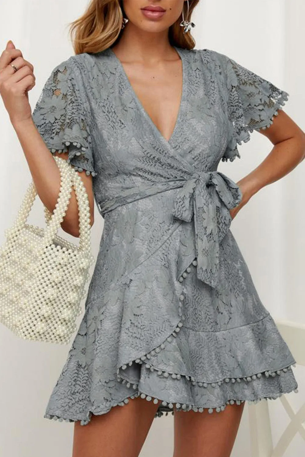 Flutter Sleeve Wrap V Neck Floral Lace Short Dress