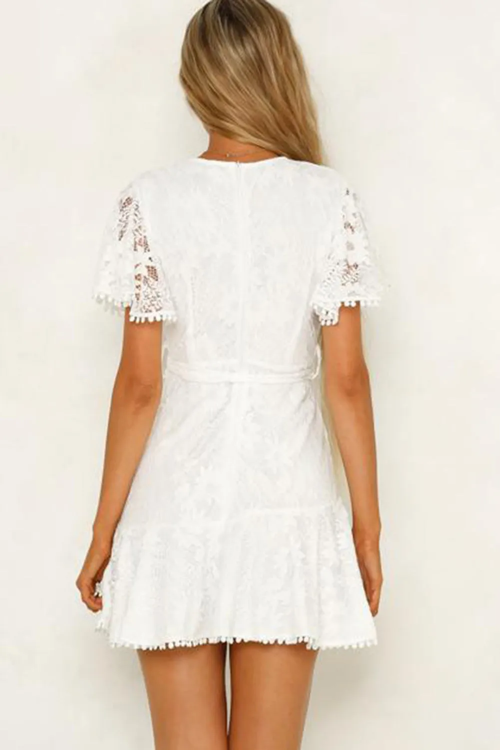 Flutter Sleeve Wrap V Neck Floral Lace Short Dress