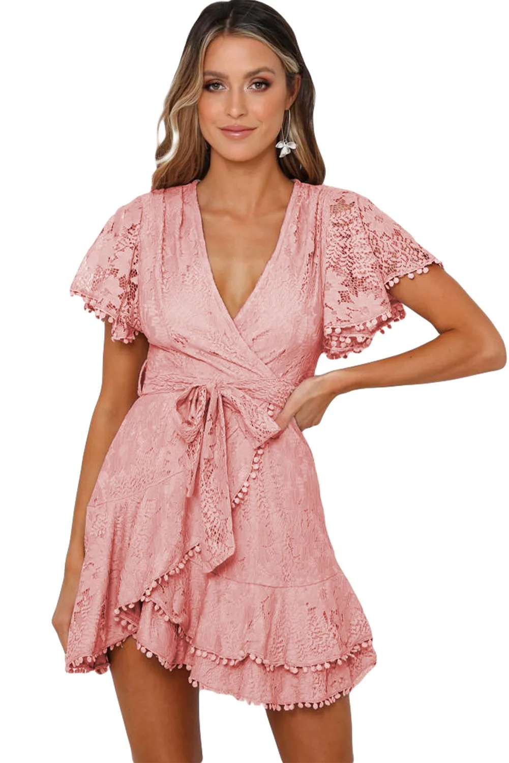 Flutter Sleeve Wrap V Neck Floral Lace Short Dress