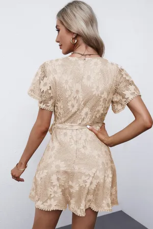 Flutter Sleeve Wrap V Neck Floral Lace Short Dress