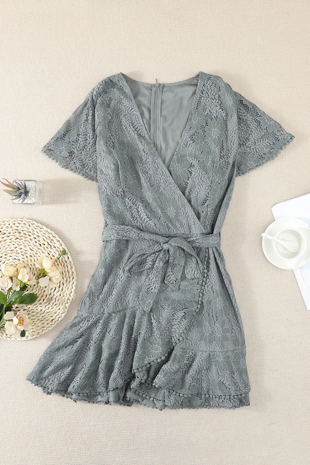 Flutter Sleeve Wrap V Neck Floral Lace Short Dress