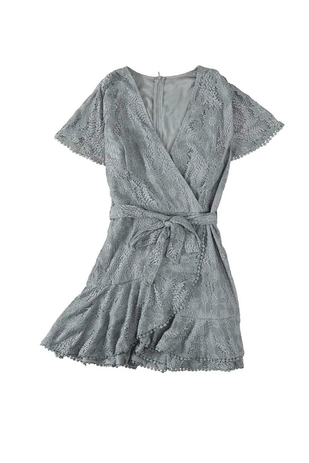 Flutter Sleeve Wrap V Neck Floral Lace Short Dress