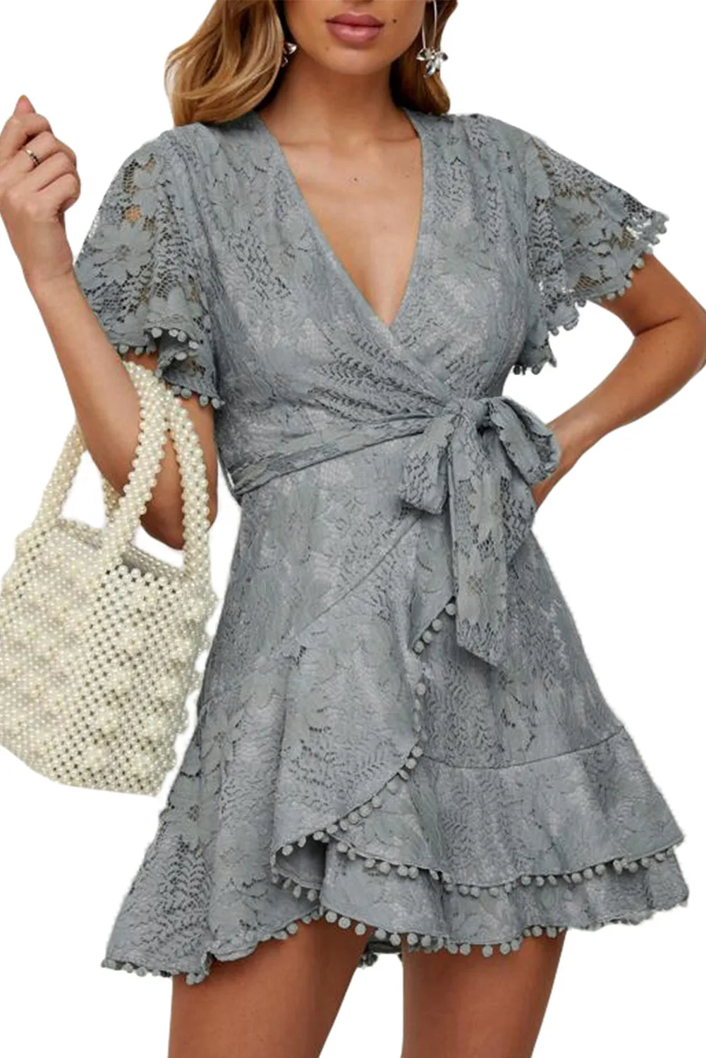 Flutter Sleeve Wrap V Neck Floral Lace Short Dress