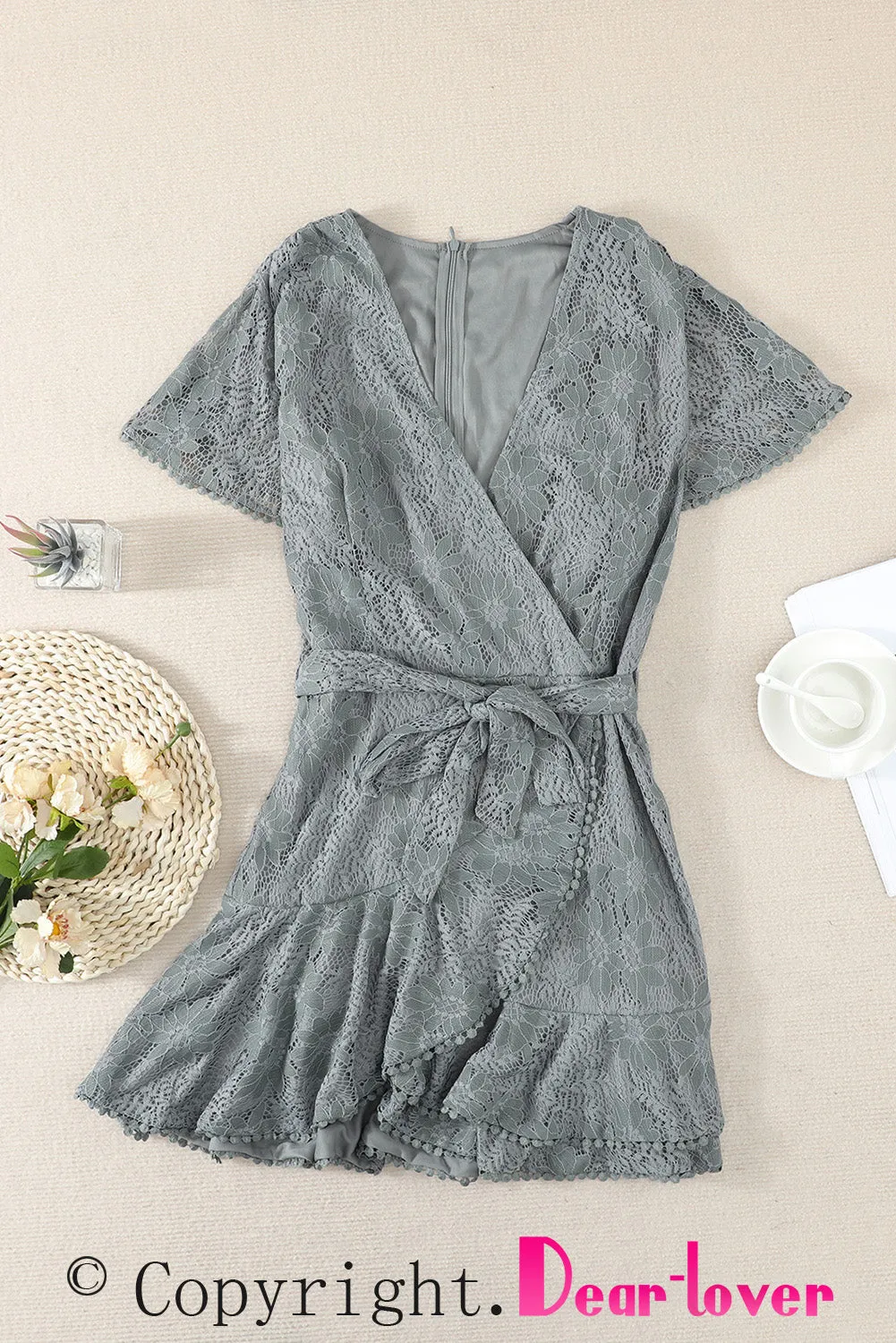 Flutter Sleeve Wrap V Neck Floral Lace Short Dress