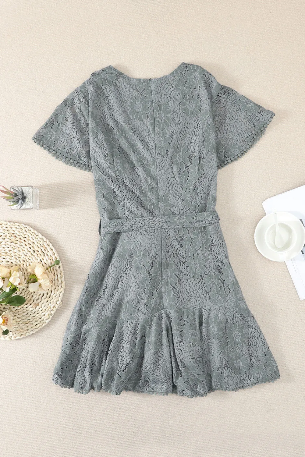 Flutter Sleeve Wrap V Neck Floral Lace Short Dress