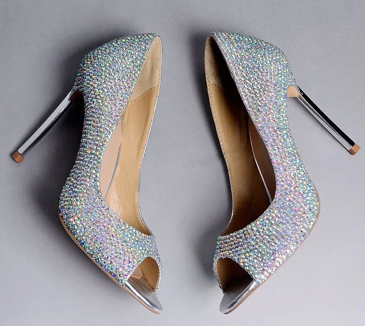 Glasses Slipper Rhinestone Bridal Wedding Shoes AB Crystal Shoes High Heeled Women Stunning Prom Party Pumps