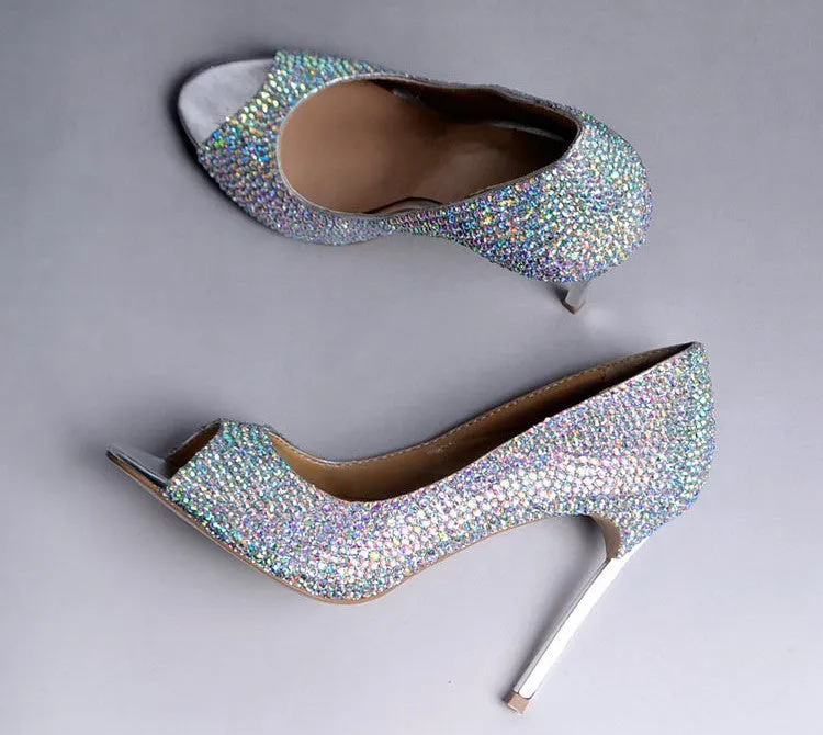 Glasses Slipper Rhinestone Bridal Wedding Shoes AB Crystal Shoes High Heeled Women Stunning Prom Party Pumps