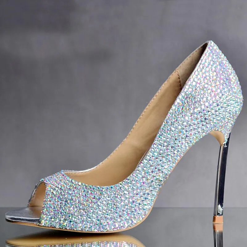 Glasses Slipper Rhinestone Bridal Wedding Shoes AB Crystal Shoes High Heeled Women Stunning Prom Party Pumps