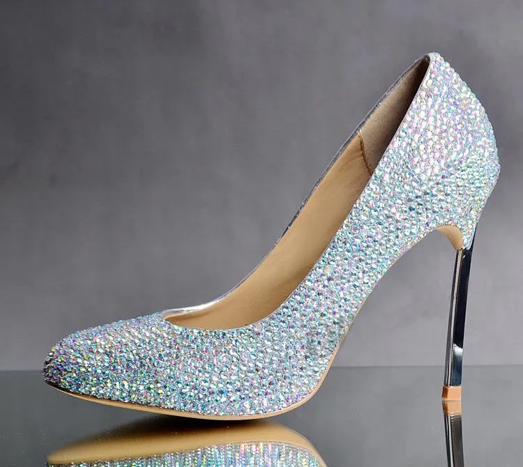Glasses Slipper Rhinestone Bridal Wedding Shoes AB Crystal Shoes High Heeled Women Stunning Prom Party Pumps