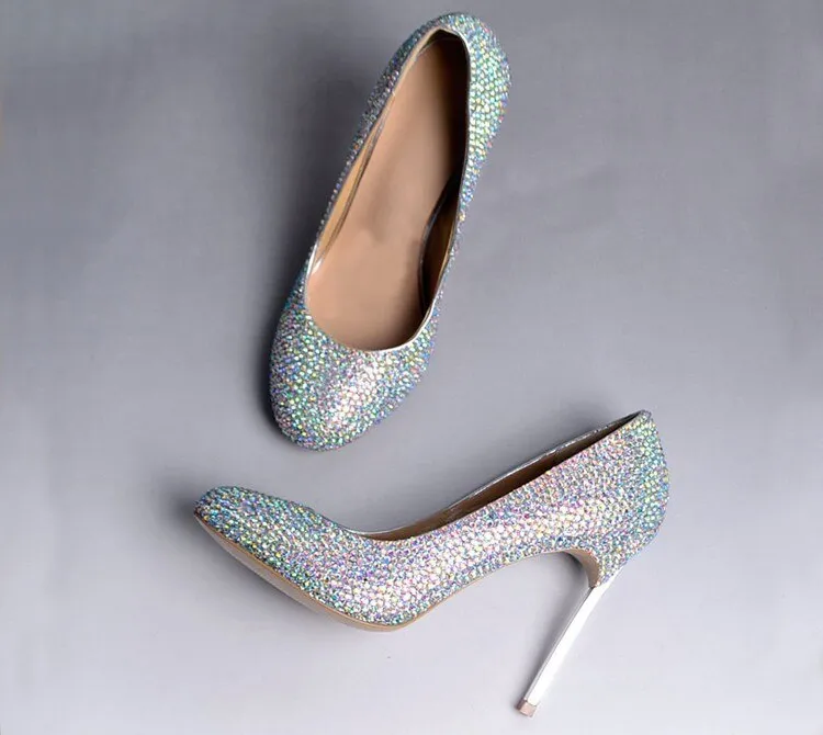 Glasses Slipper Rhinestone Bridal Wedding Shoes AB Crystal Shoes High Heeled Women Stunning Prom Party Pumps