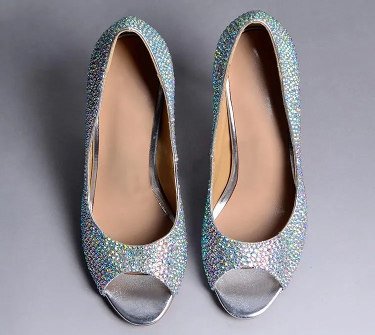 Glasses Slipper Rhinestone Bridal Wedding Shoes AB Crystal Shoes High Heeled Women Stunning Prom Party Pumps