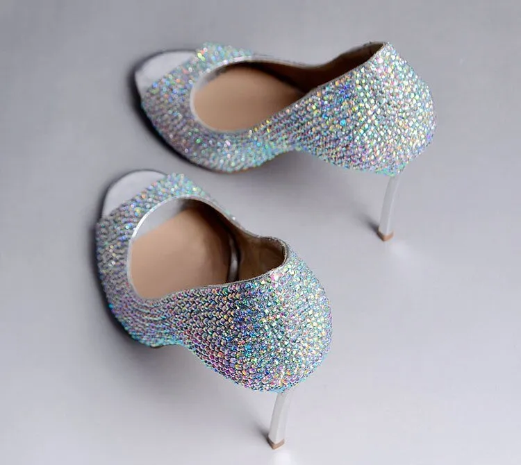 Glasses Slipper Rhinestone Bridal Wedding Shoes AB Crystal Shoes High Heeled Women Stunning Prom Party Pumps