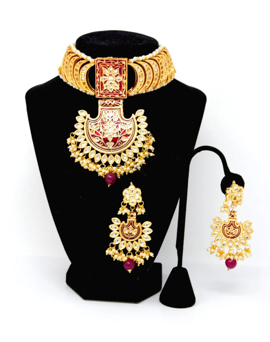 Gold Choker Necklace Set Maroon Floral Meenakari with Pearl Drops