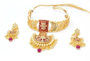Gold Choker Necklace Set Maroon Floral Meenakari with Pearl Drops