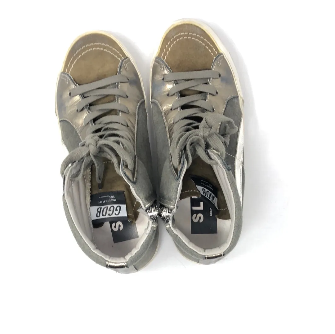 Golden Goose Green Fabric and Leather Side Zip High Top Sneaker
