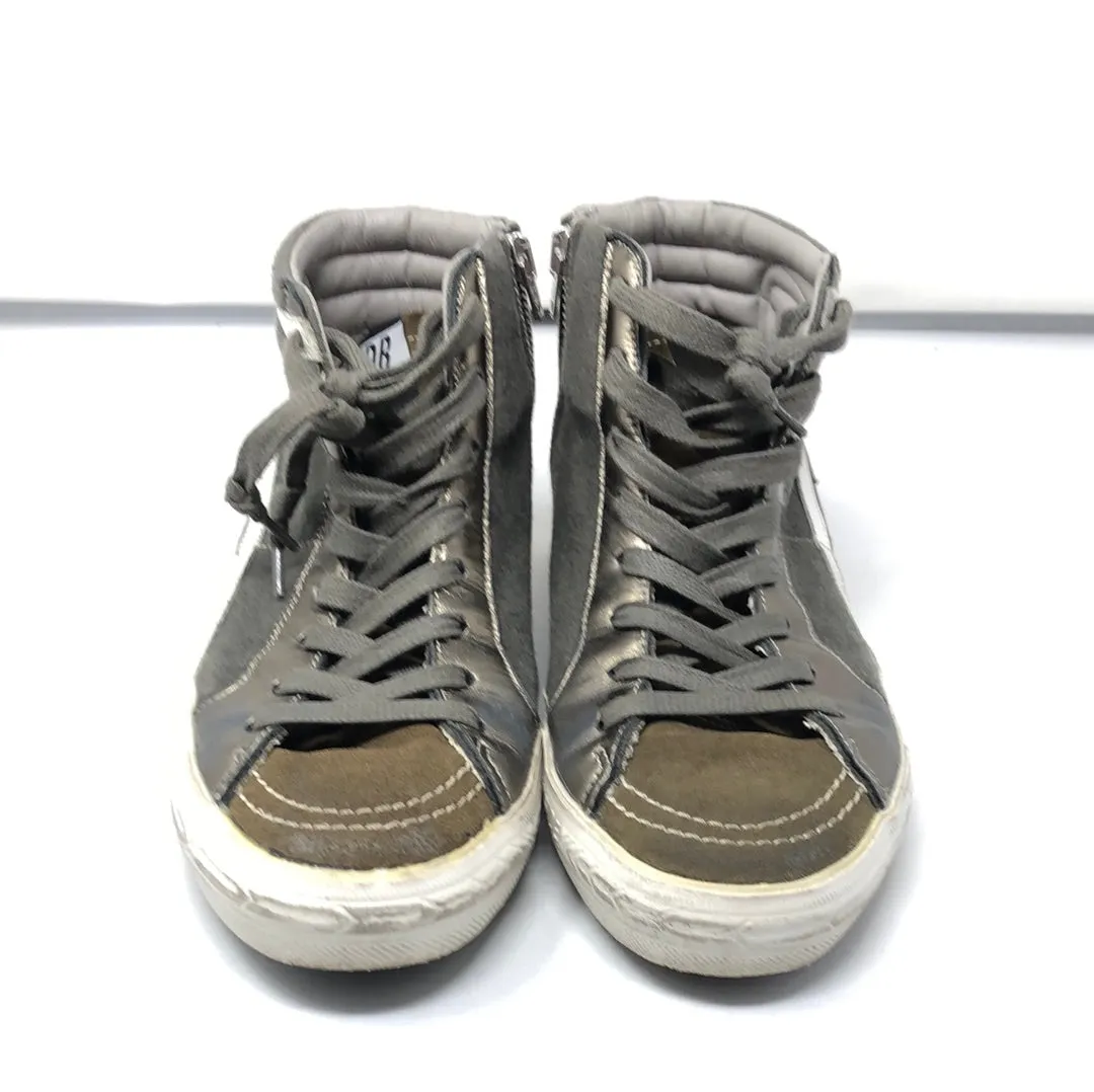 Golden Goose Green Fabric and Leather Side Zip High Top Sneaker