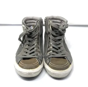 Golden Goose Green Fabric and Leather Side Zip High Top Sneaker