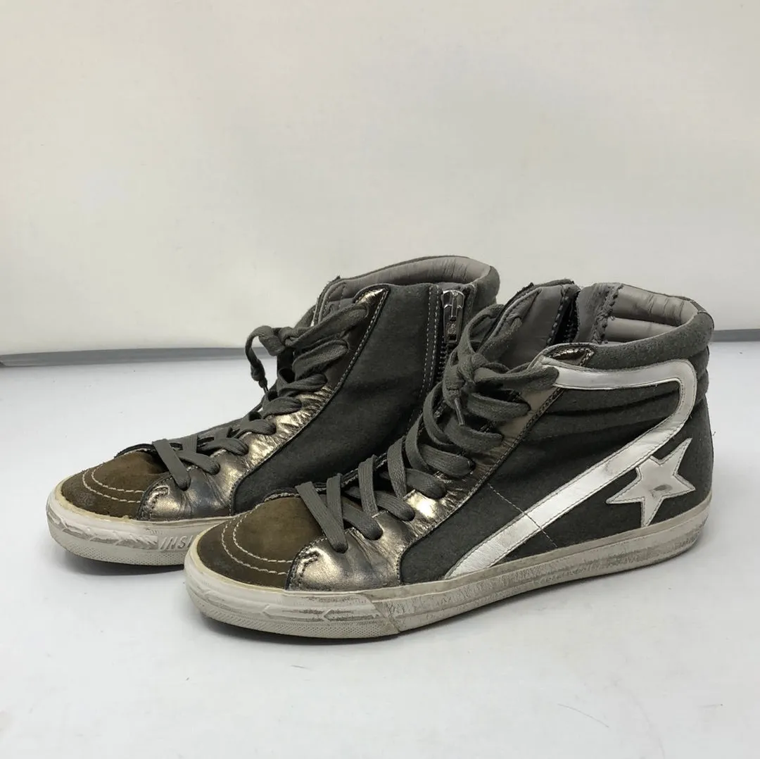 Golden Goose Green Fabric and Leather Side Zip High Top Sneaker