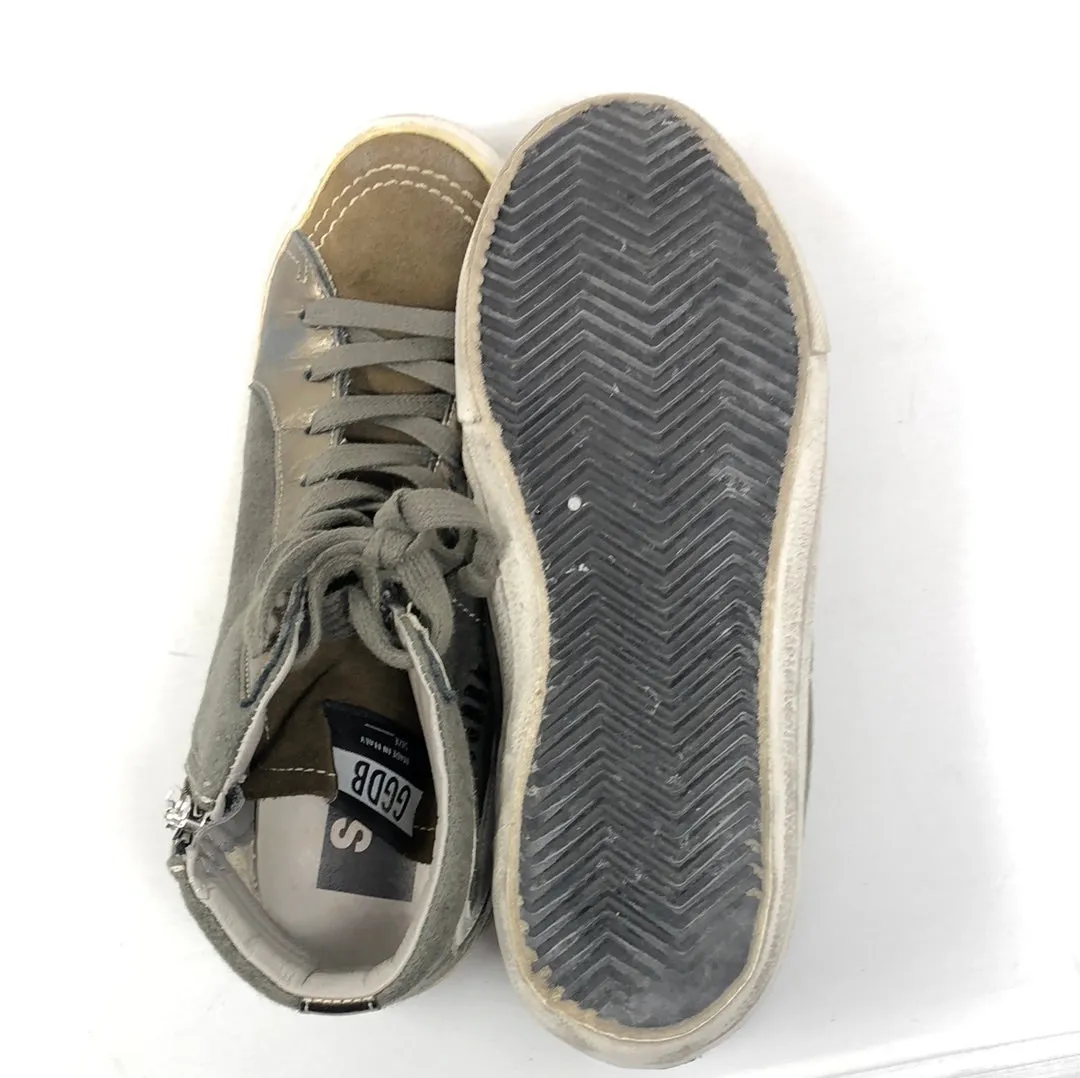 Golden Goose Green Fabric and Leather Side Zip High Top Sneaker