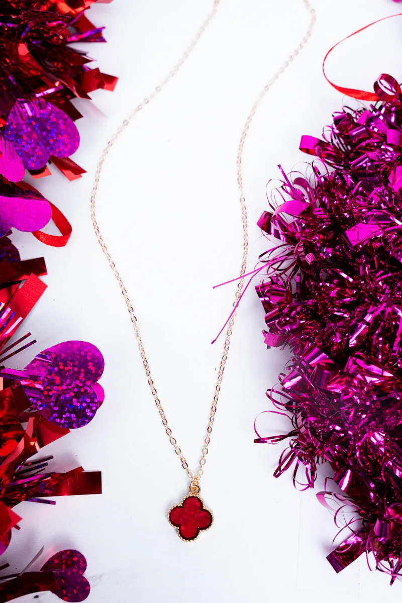 Goldtone Trimmed Red Shell Quatrefoil Necklace