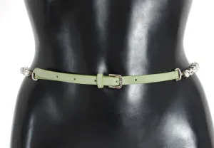 Green Leather Clear Crystal Waist Belt