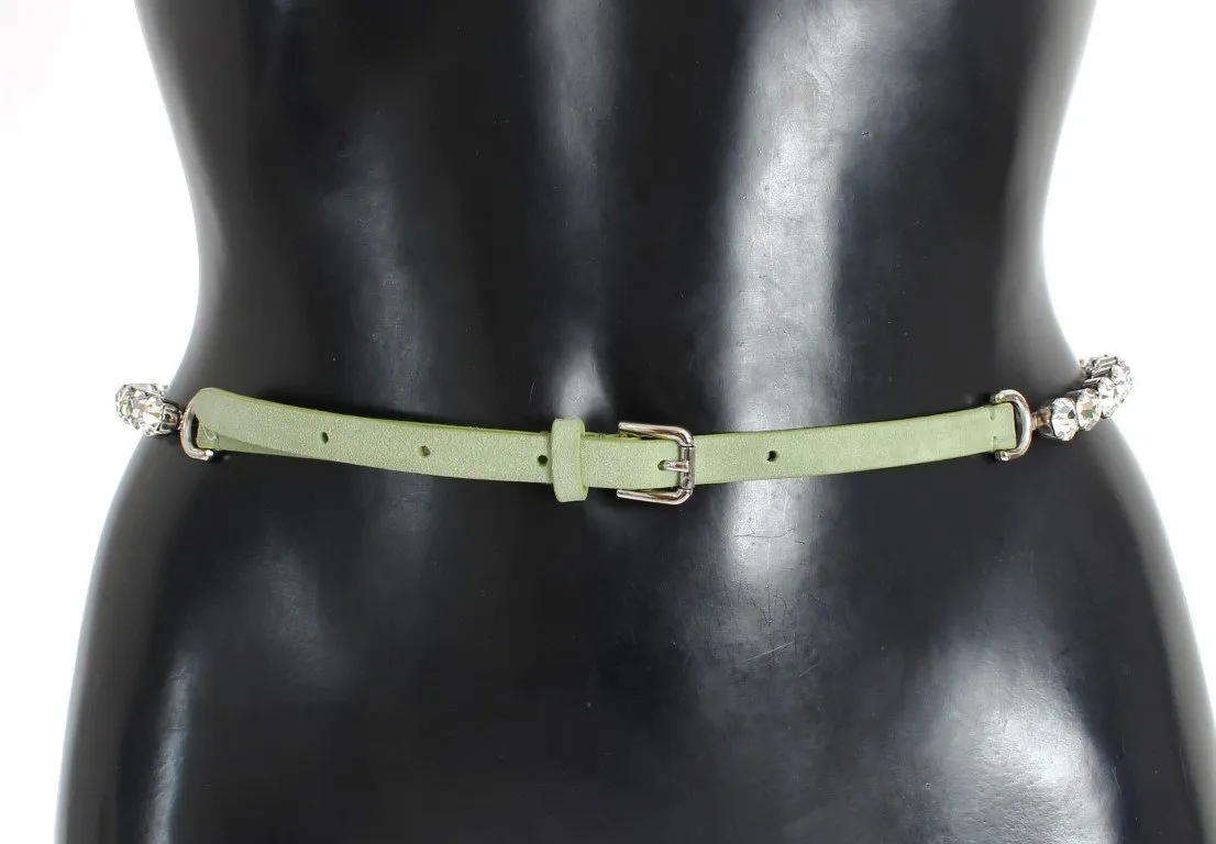 Green Leather Clear Crystal Waist Belt