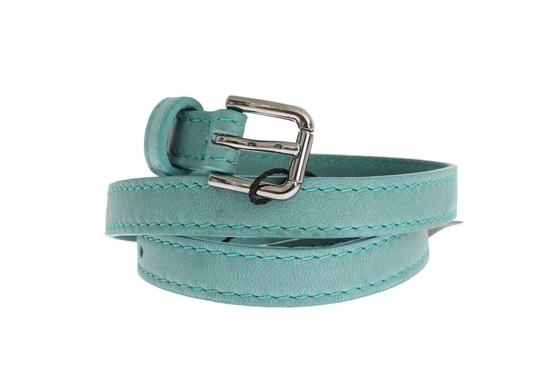 Green Leather Silver Buckle Logo Belt
