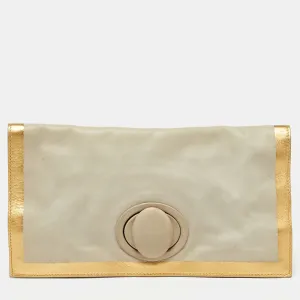 Grey/Gold Leather Twist Lock Flap Clutch