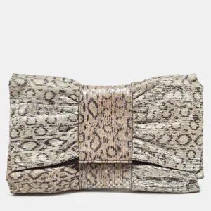 Grey/Silver Snakeskin Embossed Leather Bow Clutch