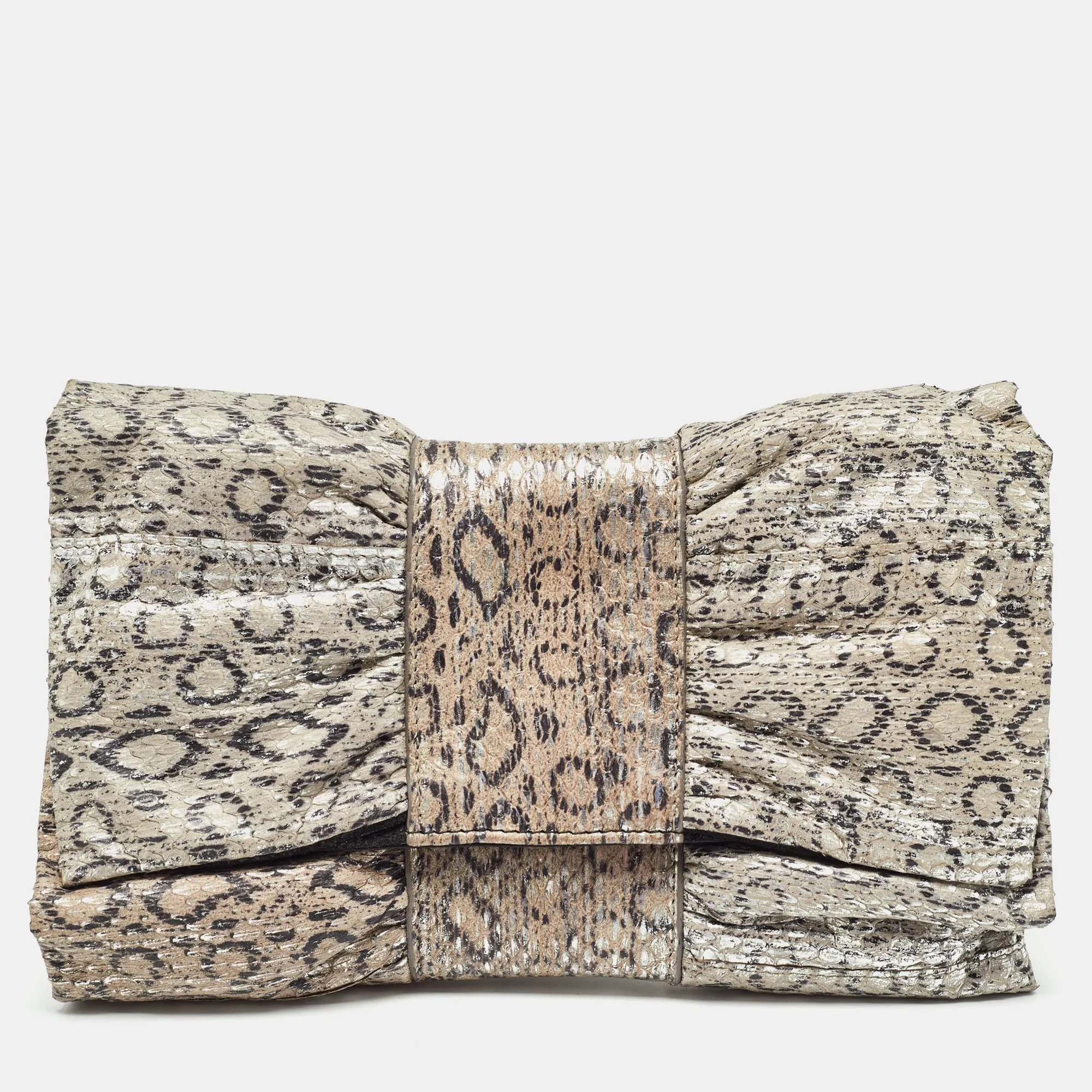 Grey/Silver Snakeskin Embossed Leather Bow Clutch