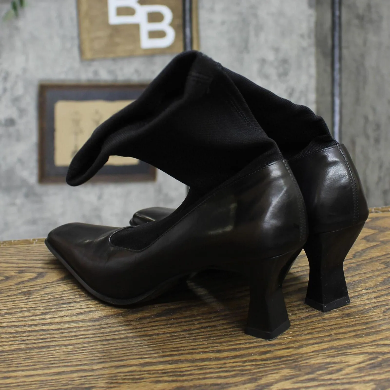 Gruppo Italiano Womens Vintage Leather Ankle Stretch Heels Black 6.5B