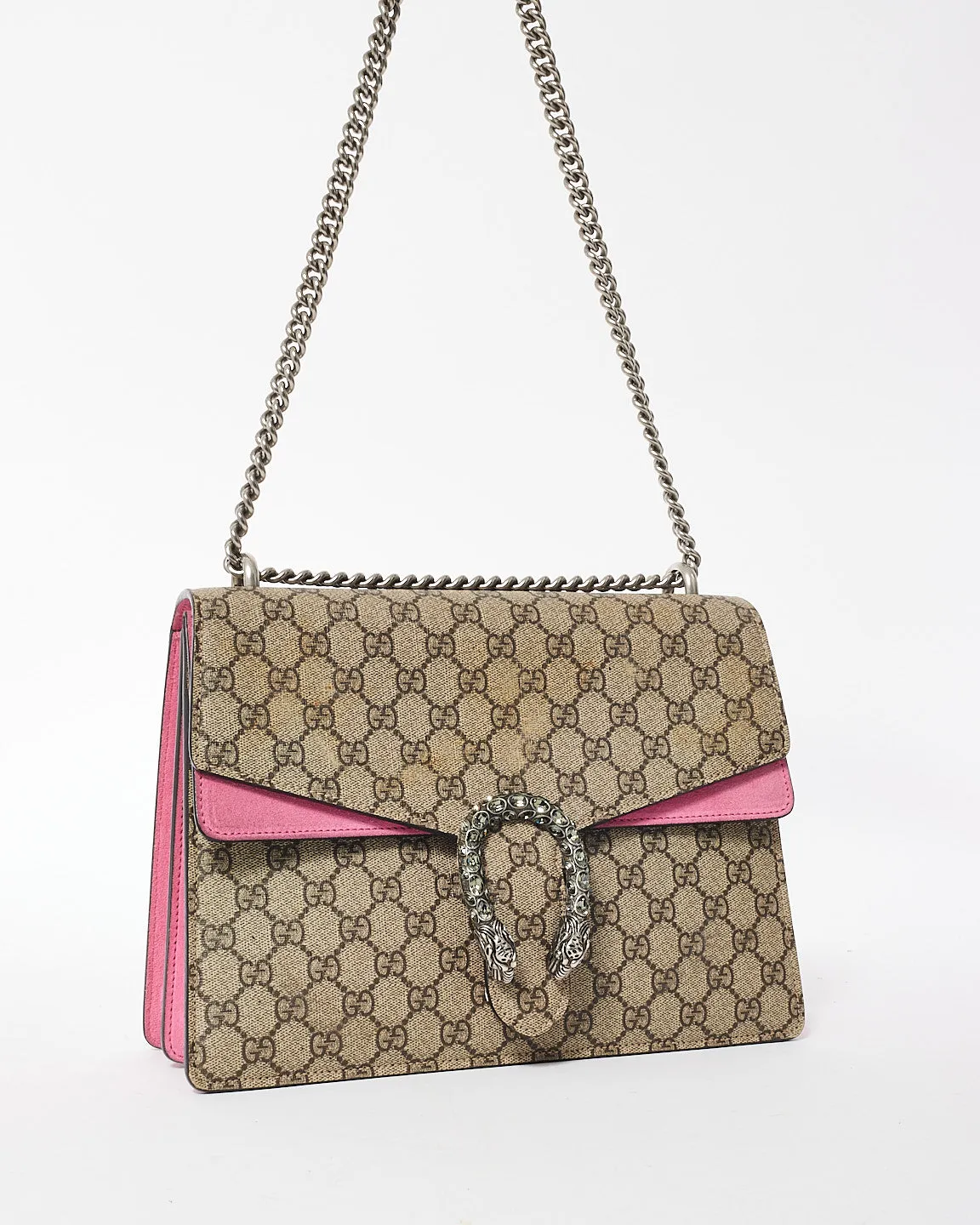 Gucci Beige Monogram GG Supreme Canvas & Pink Jewel Dionysus Large Shoulder Bag