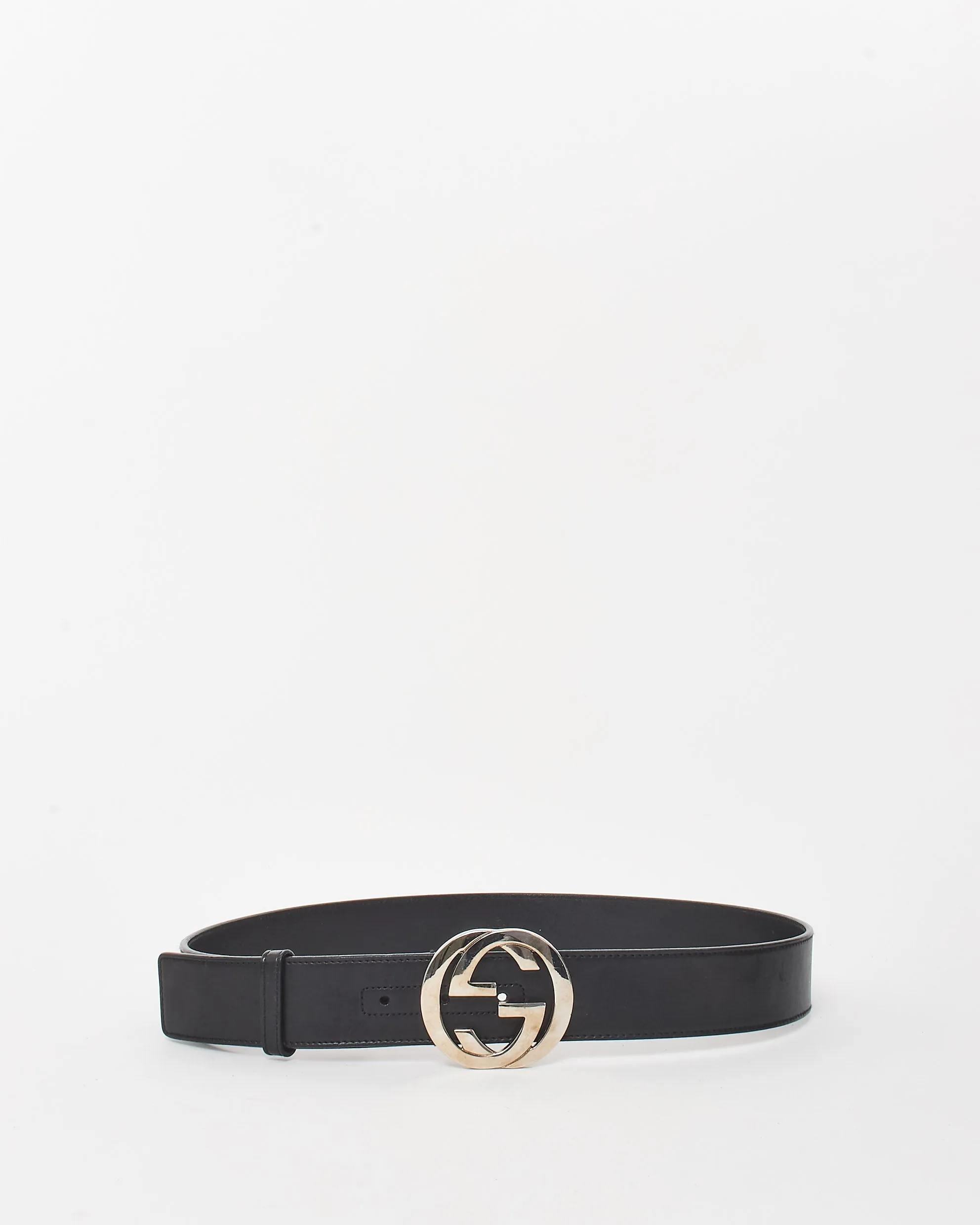 Gucci Black Smooth Leather Silver Interlocking GG Belt -  90/36