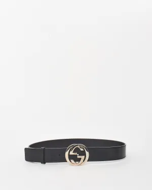 Gucci Black Smooth Leather Silver Interlocking GG Belt -  90/36