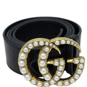 GUCCI Pearl Double G Black Leather Belt Size 44