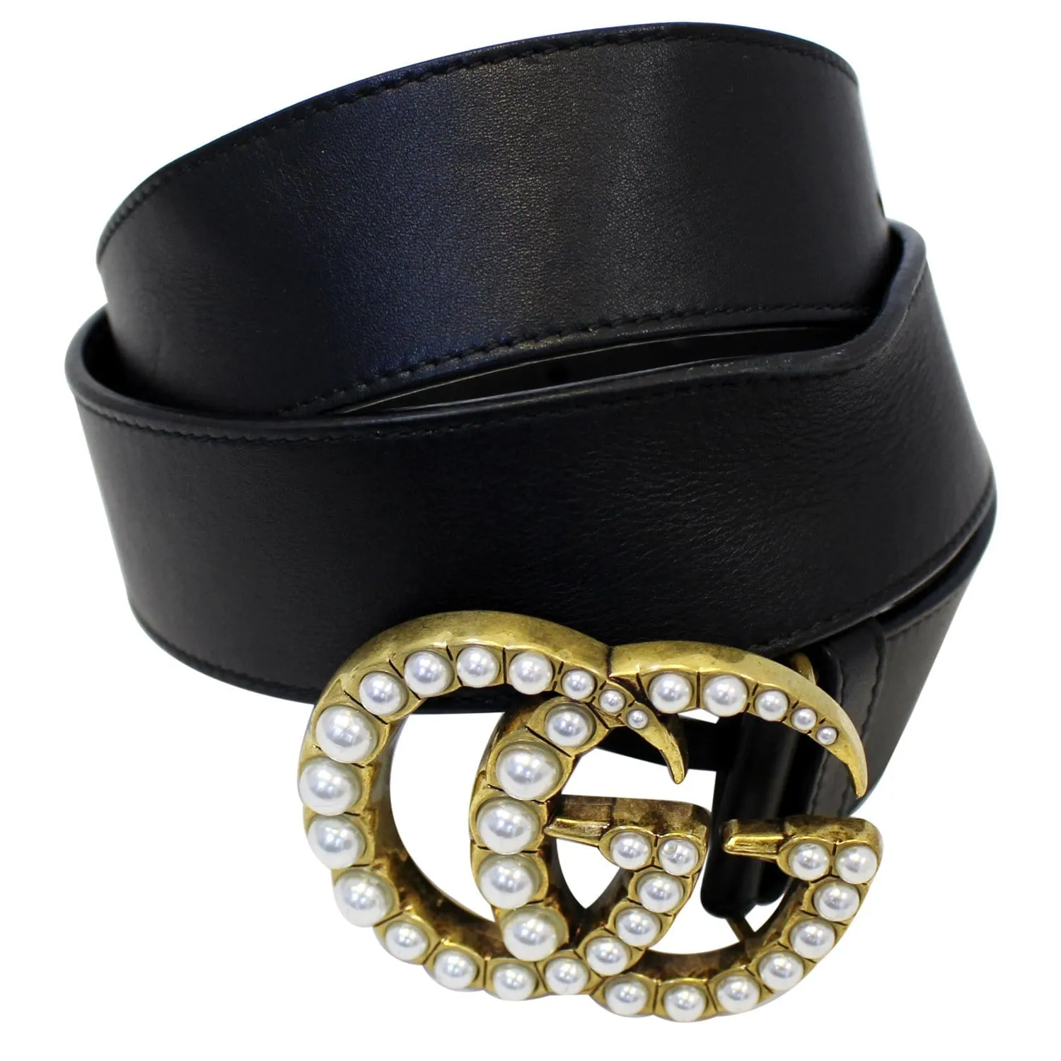 GUCCI Pearl Double G Black Leather Belt Size 44