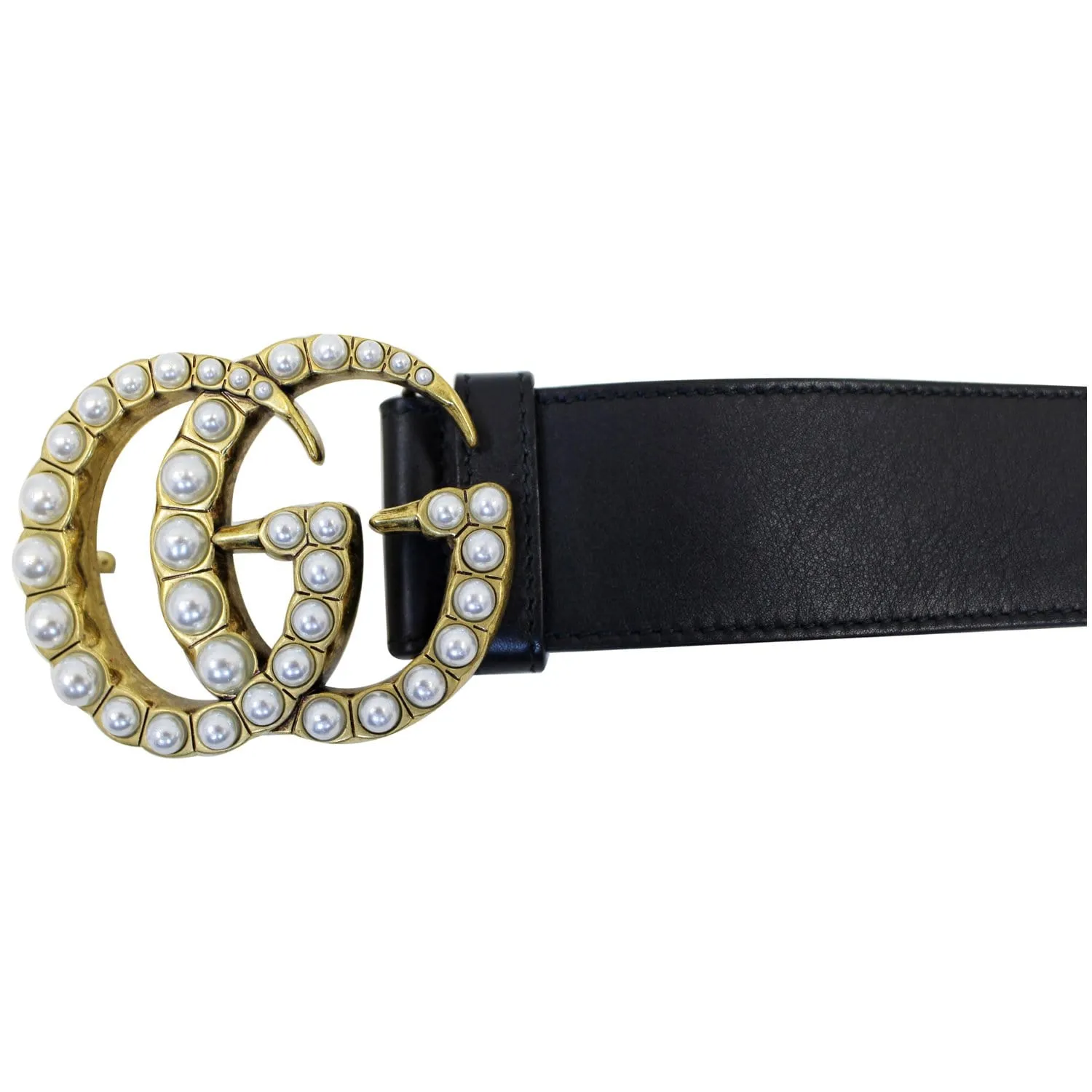 GUCCI Pearl Double G Black Leather Belt Size 44