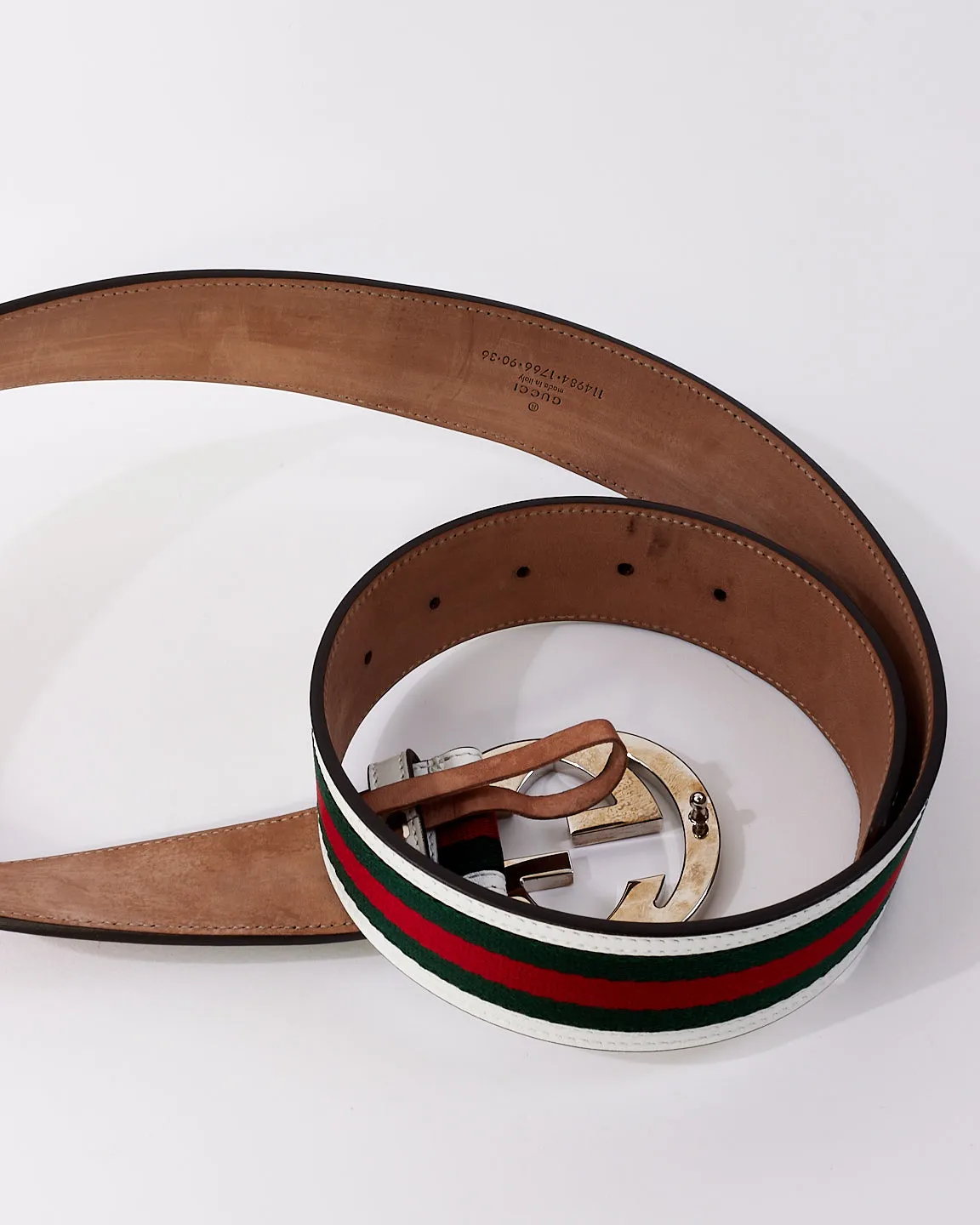 Gucci White & Green Leather & Canvas Web Interlocking GG Belt - 90/36