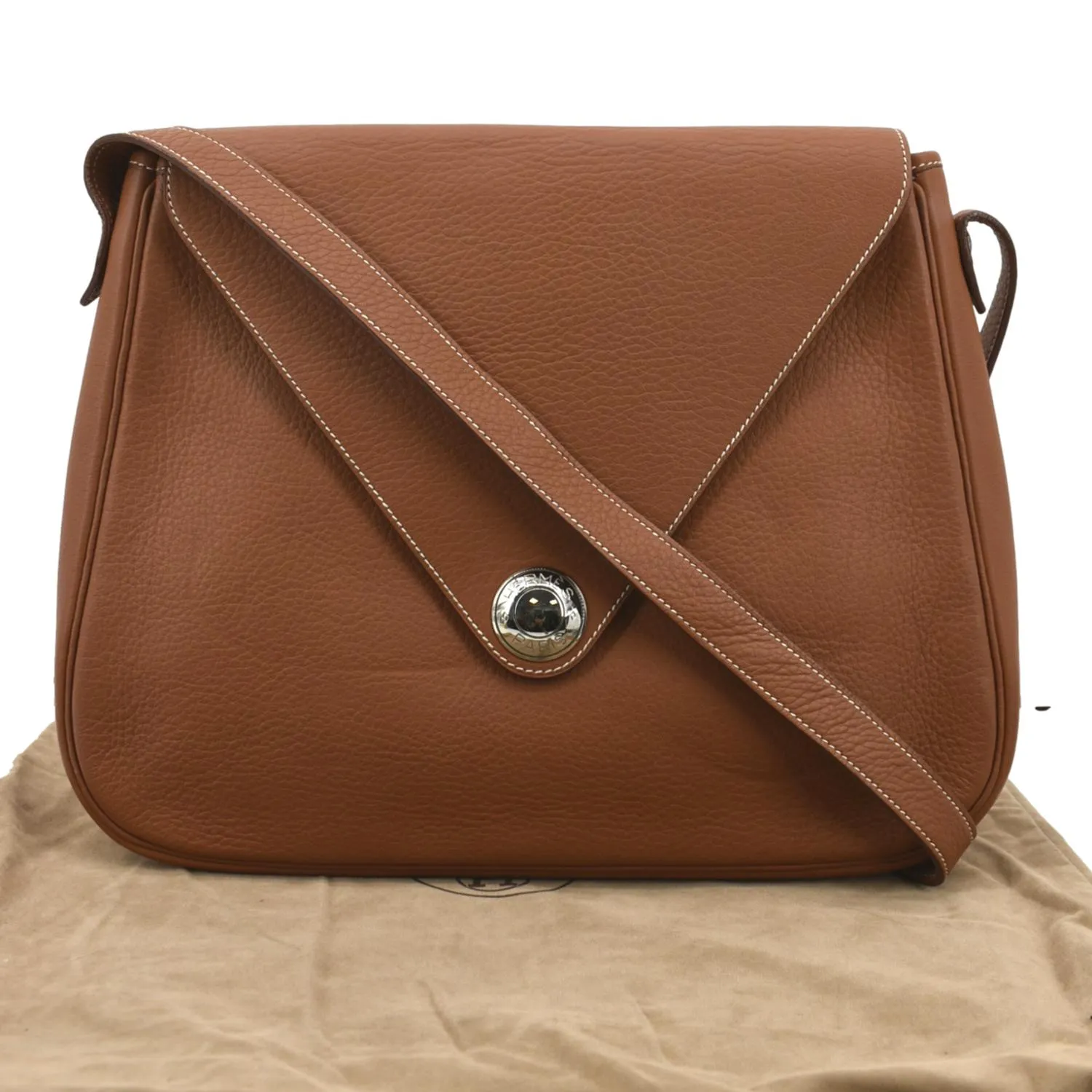 HERMES Christie Rhone Flap Clemence Leather Shoulder Bag Tan