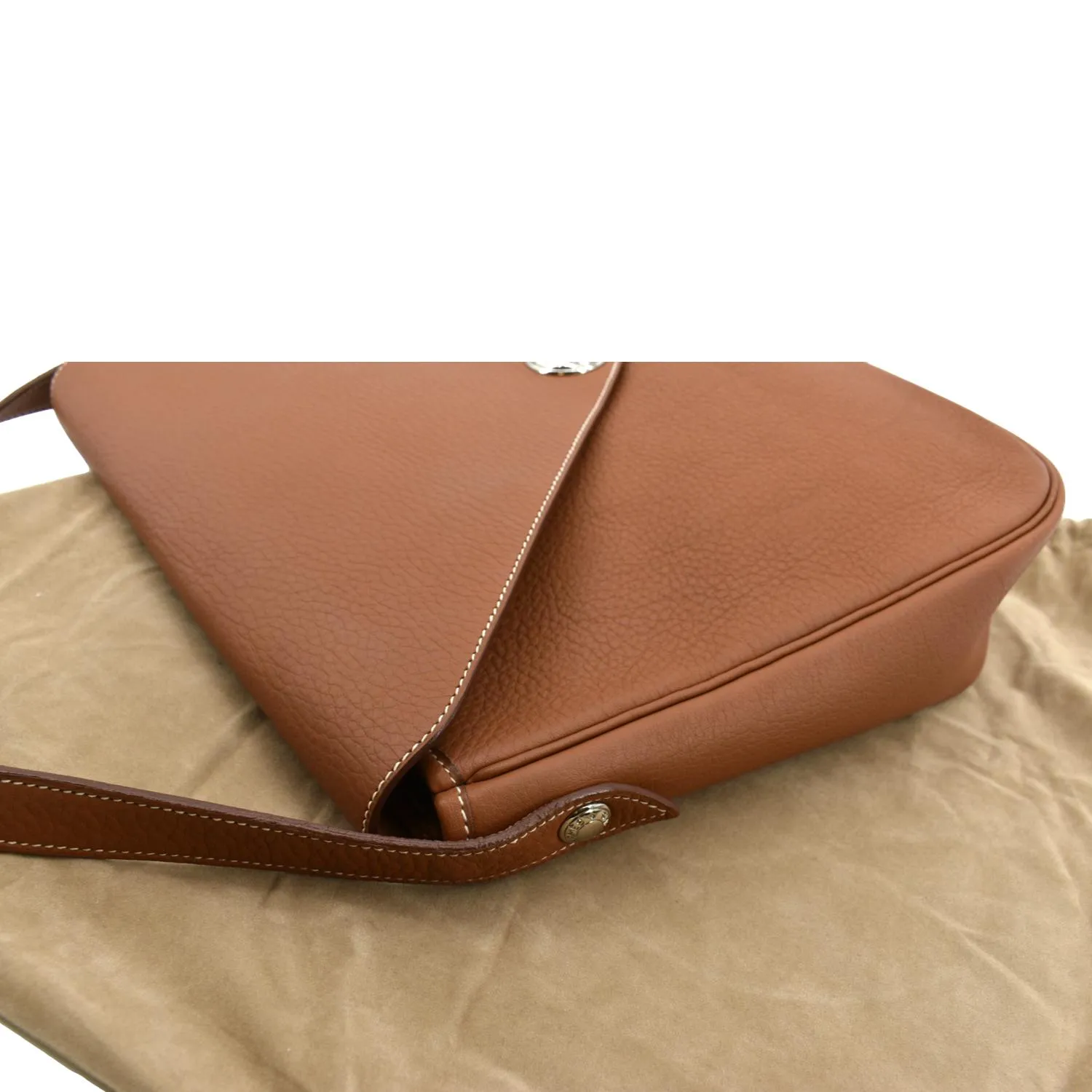 HERMES Christie Rhone Flap Clemence Leather Shoulder Bag Tan