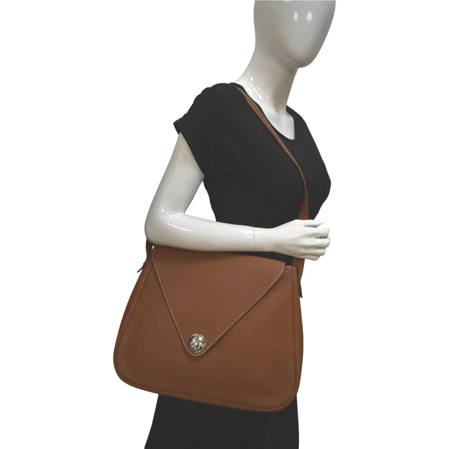 HERMES Christie Rhone Flap Clemence Leather Shoulder Bag Tan
