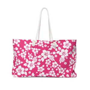 Hot Pink and White Hibiscus Hawaiian Pattern Beach Bag Weekender Bag For Shopping travel and More