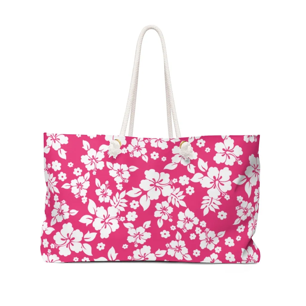 Hot Pink and White Hibiscus Hawaiian Pattern Beach Bag Weekender Bag For Shopping travel and More