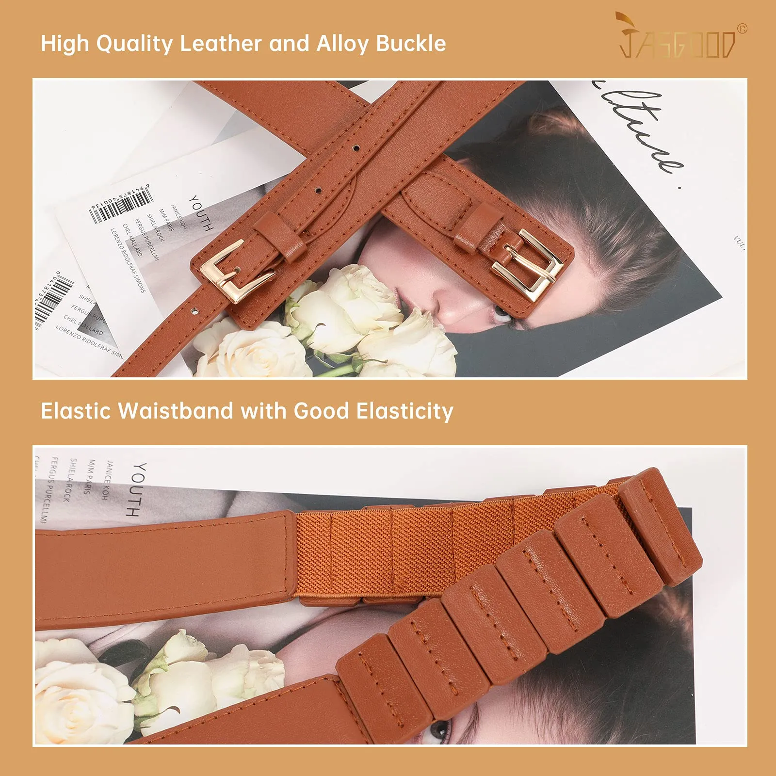 JASGOOD Women Wide Belt Elastic Vintage Buckle Leather Belt for Ladies Dress