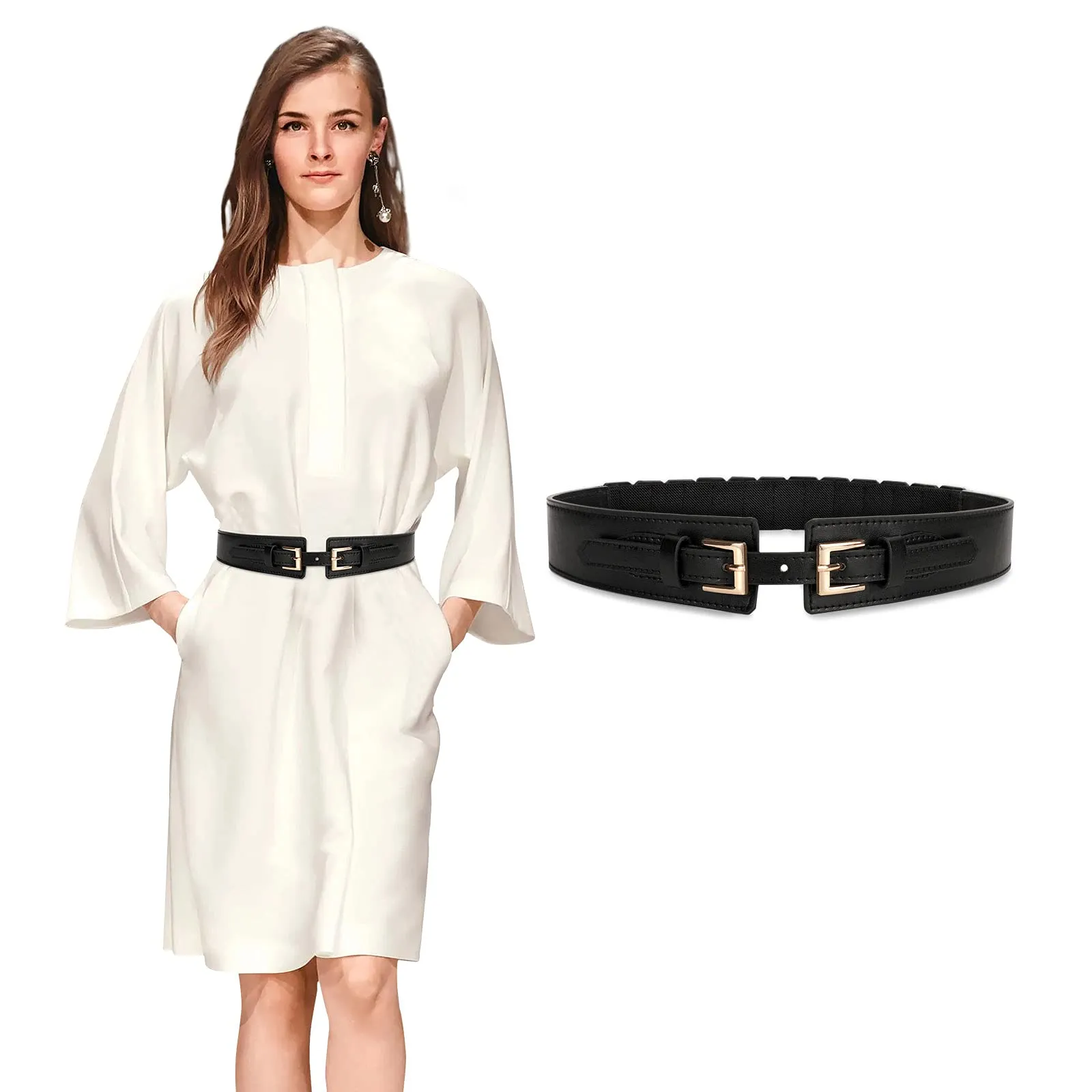 JASGOOD Women Wide Belt Elastic Vintage Buckle Leather Belt for Ladies Dress